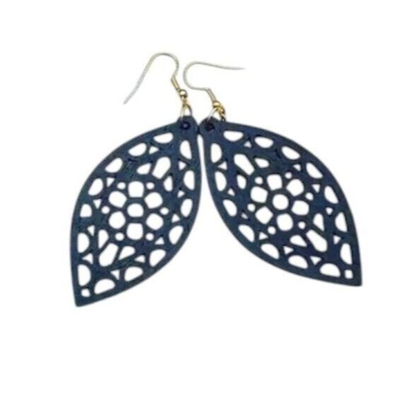 WOOD Cut Out BLUE Earrings Filagree Unique Artistic LIGHTWEIGHT Dangle Jewelry - Picture 1 of 3